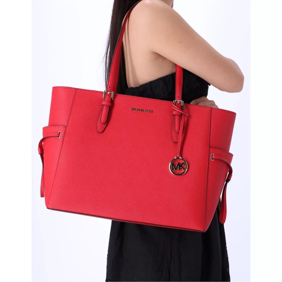 Michael Kors Handbags - Michael Kors Gilly Drawstring Large Top Zip Tote Bright Red Saffiano Leather